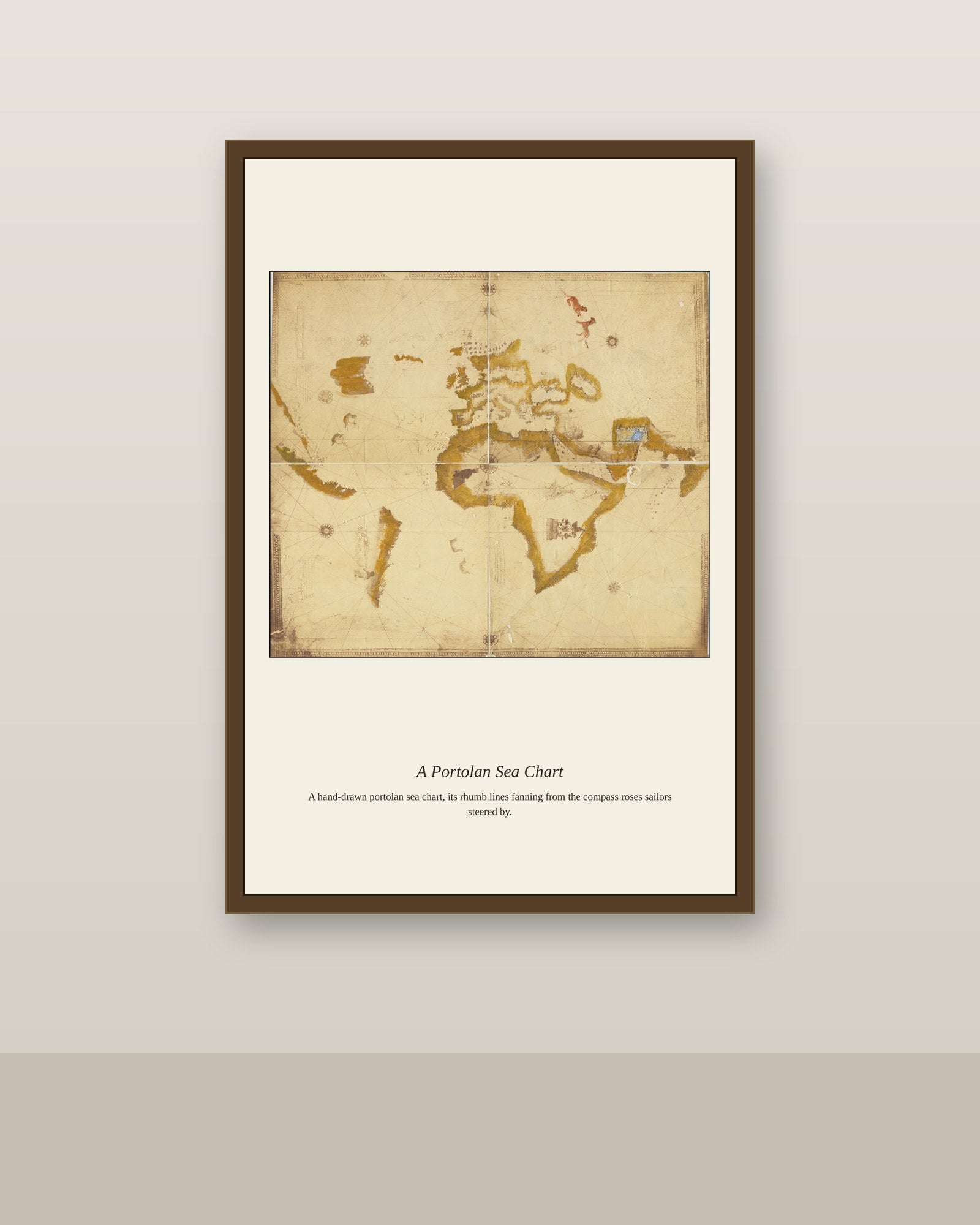 1500s Kunstmann II Portolan antique nautical chart print shown framed on a wall in a styled room