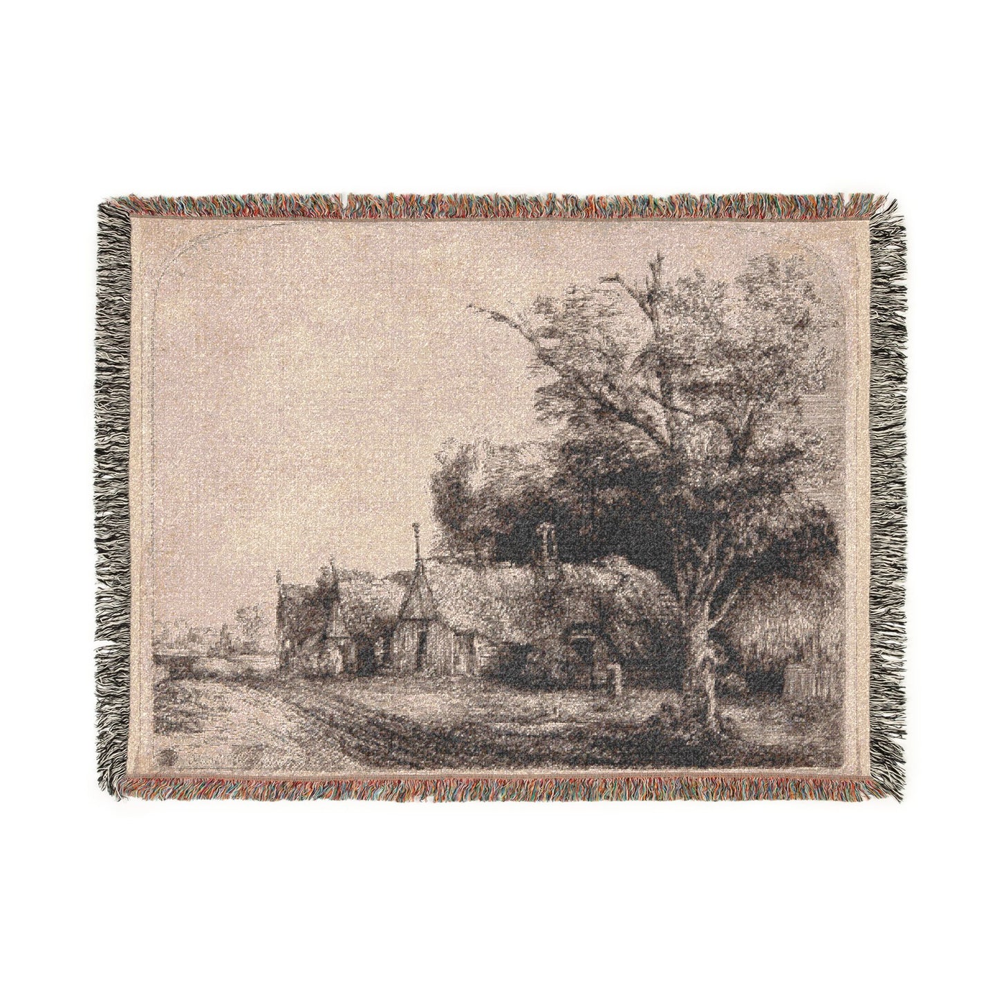 Rembrandt van Rijn - Landscape with Three Gabled Cottages Beside a Road | Woven Tapestry Blanket