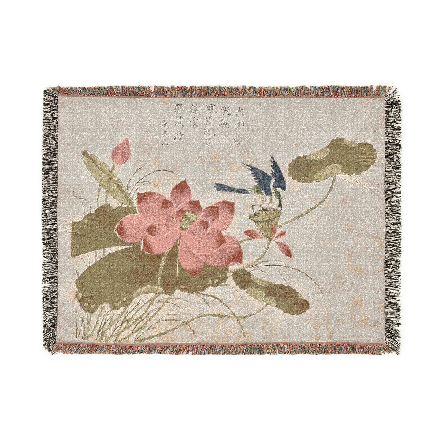 Bird on Lotus Woven Throw Blanket