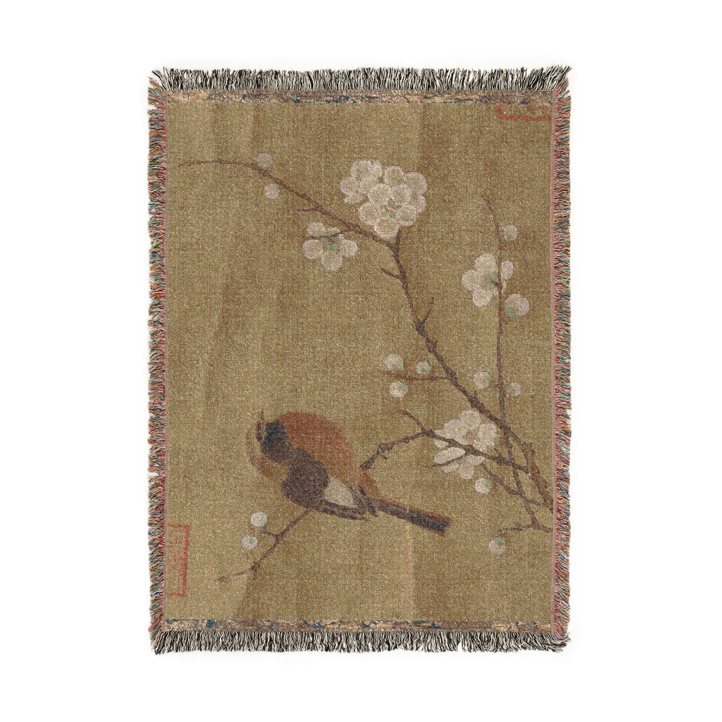 069_bird-on-a-flowering-branch | Woven Tapestry Blanket