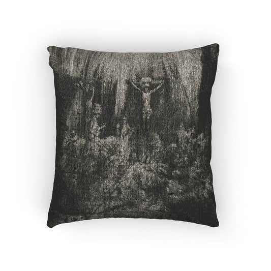 The Three Crosses — Rembrandt van Rijn Woven Pillow