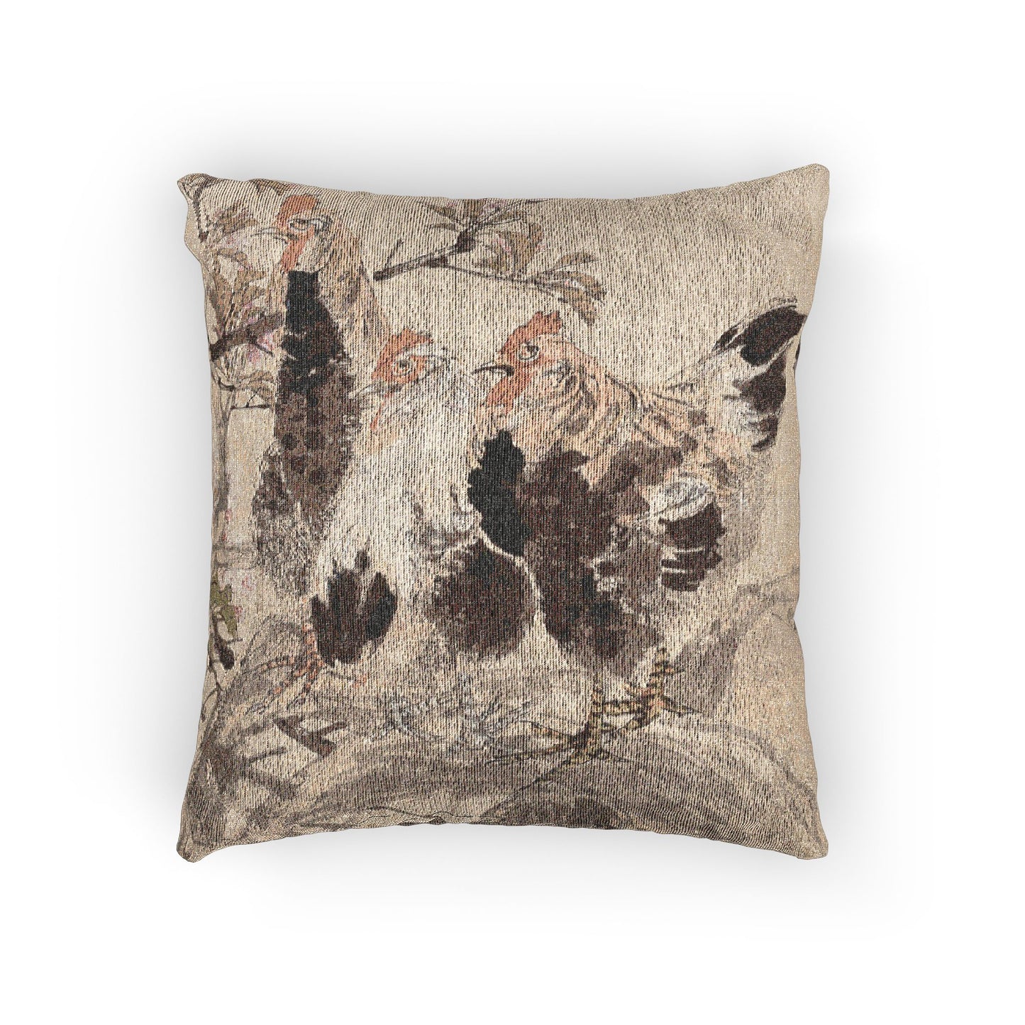 Roosters and Blossoming Apricots Woven Pillow