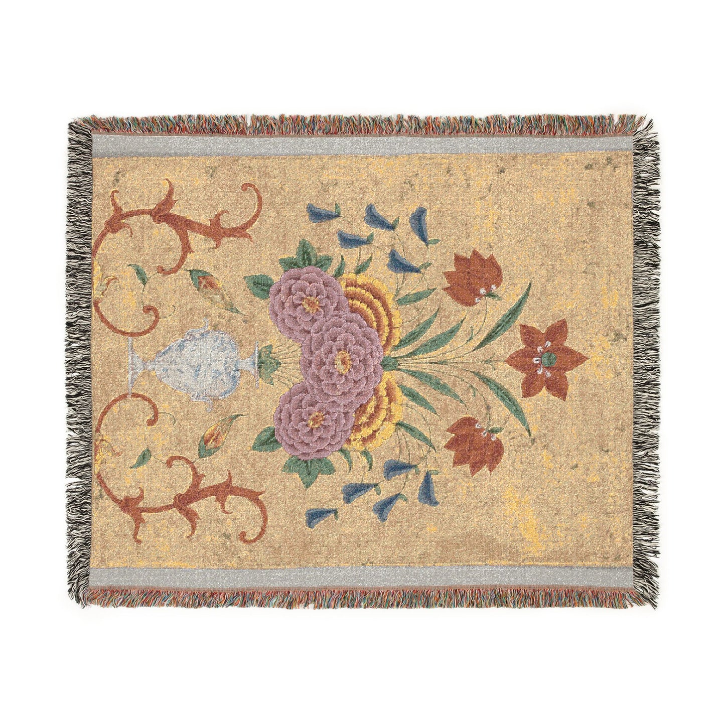 Vase with flower arrangement and scrollwork Woven Throw Blanket