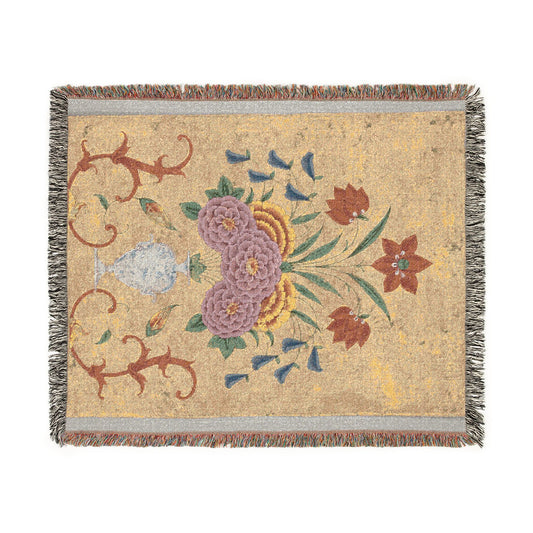 Vase with flower arrangement and scrollwork Woven Throw Blanket