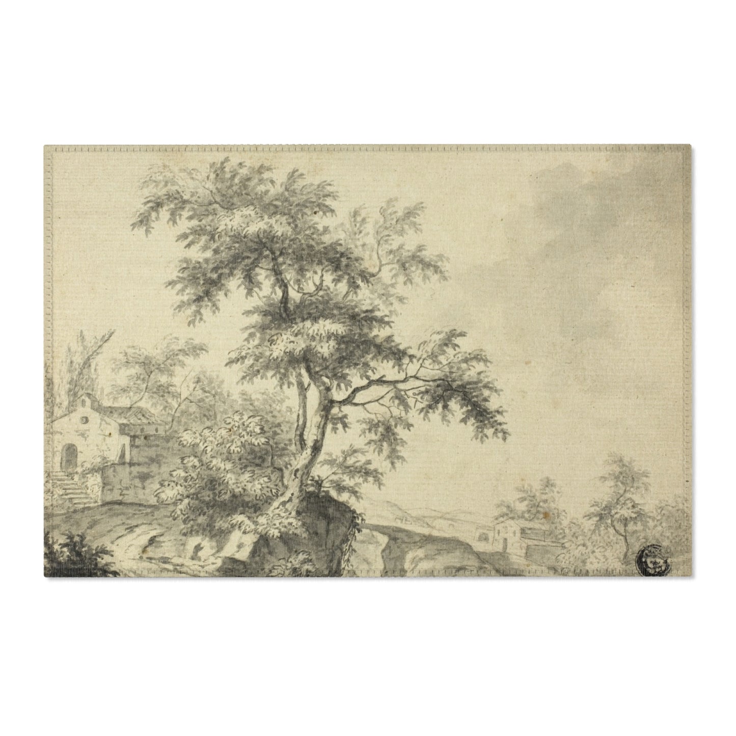 Jacob van Ruisdael - Landscape with Tree on Road to Buildings | Area Rug