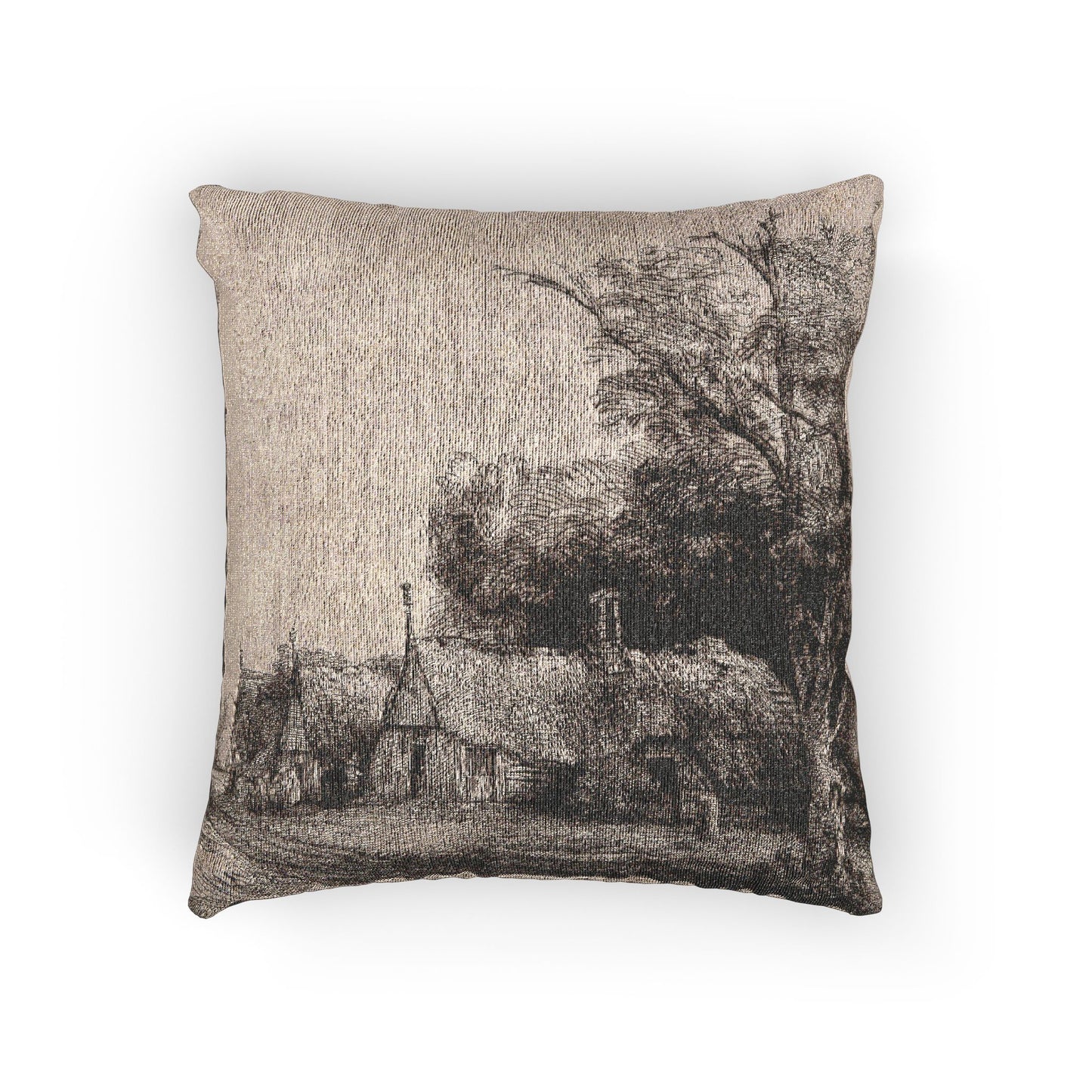 Rembrandt van Rijn - Landscape with Three Gabled Cottages Beside a Road | Woven Pillow