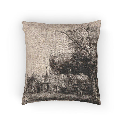 Landscape with Three Gabled Cottages — Rembrandt van Rijn Woven Pillow