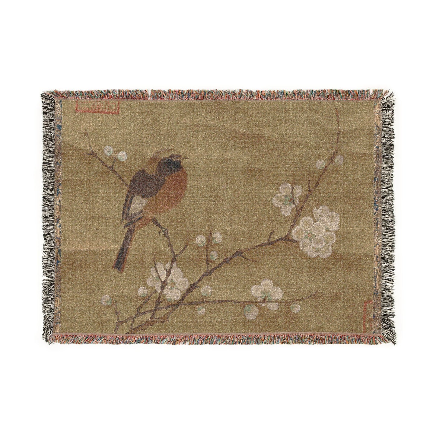 069_bird-on-a-flowering-branch | Woven Tapestry Blanket