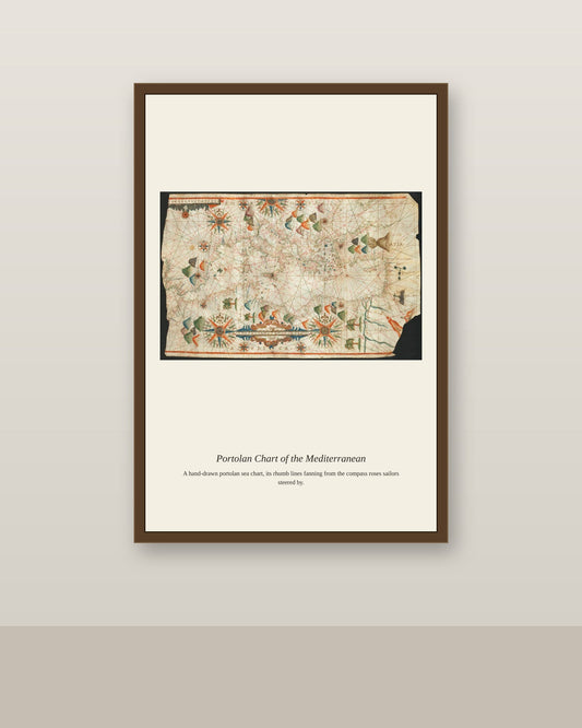 17th Portolan Chart antique nautical chart print shown framed on a wall in a styled room