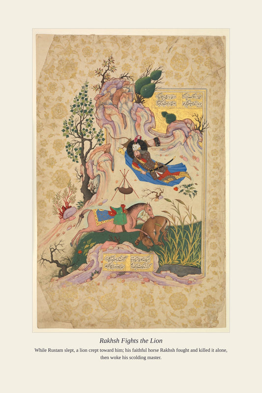 Rakhsh Fights the Lion — antique art print