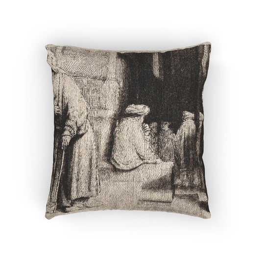 Jews in the Synagogue — Rembrandt van Rijn Woven Pillow