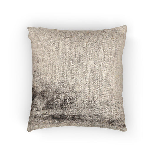 Landscape with a Cow Drinking — Rembrandt van Rijn Woven Pillow