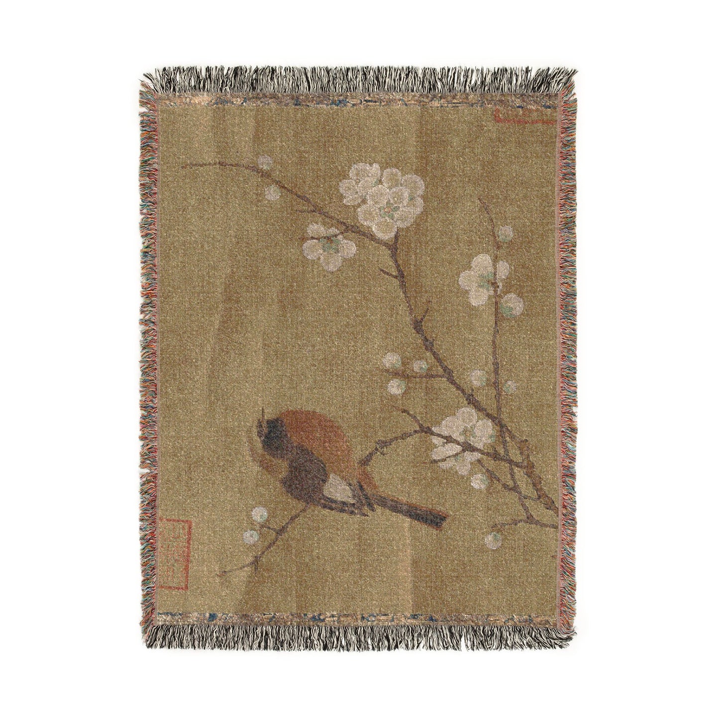 069_bird-on-a-flowering-branch | Woven Tapestry Blanket