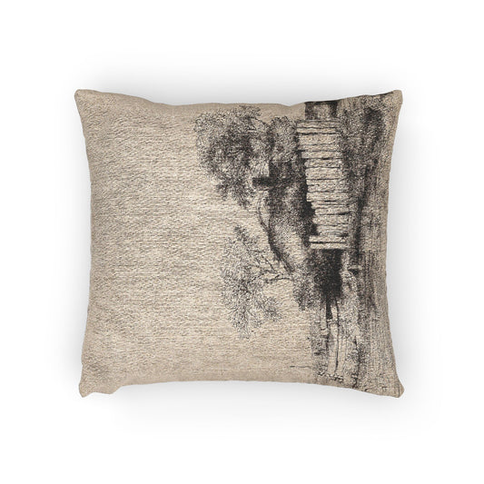 A Cottage with White Paling — Rembrandt van Rijn Woven Pillow