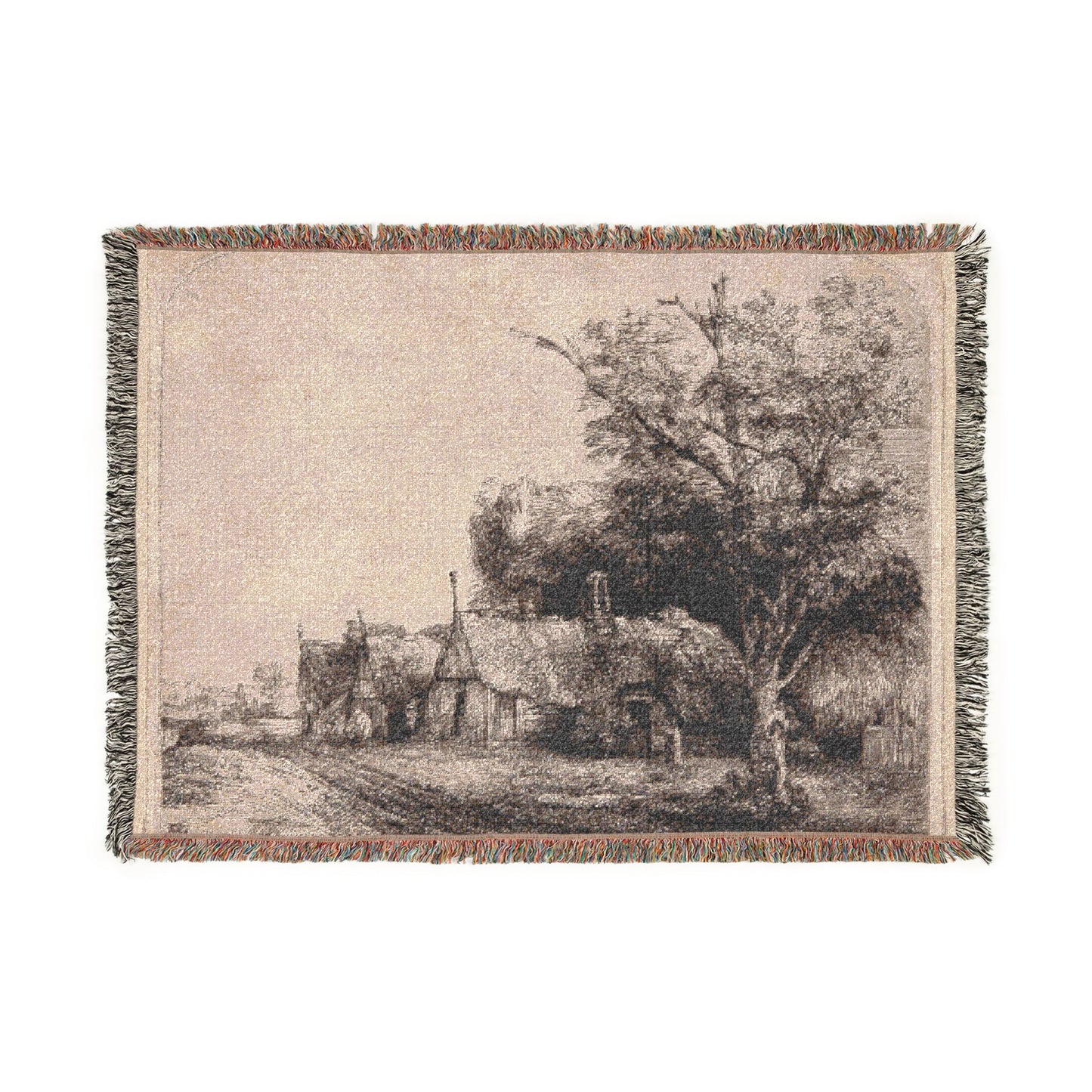 Rembrandt van Rijn - Landscape with Three Gabled Cottages Beside a Road | Woven Tapestry Blanket