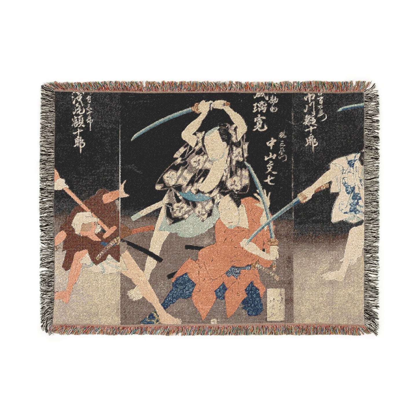 Ichikawa Ebijūrō II as Horiguchi Manzaemon (right), Arashi Rikan II as Kizu Kansuke, Nakayama Bunshichi III as Hayashi Sanzemon (center), an
