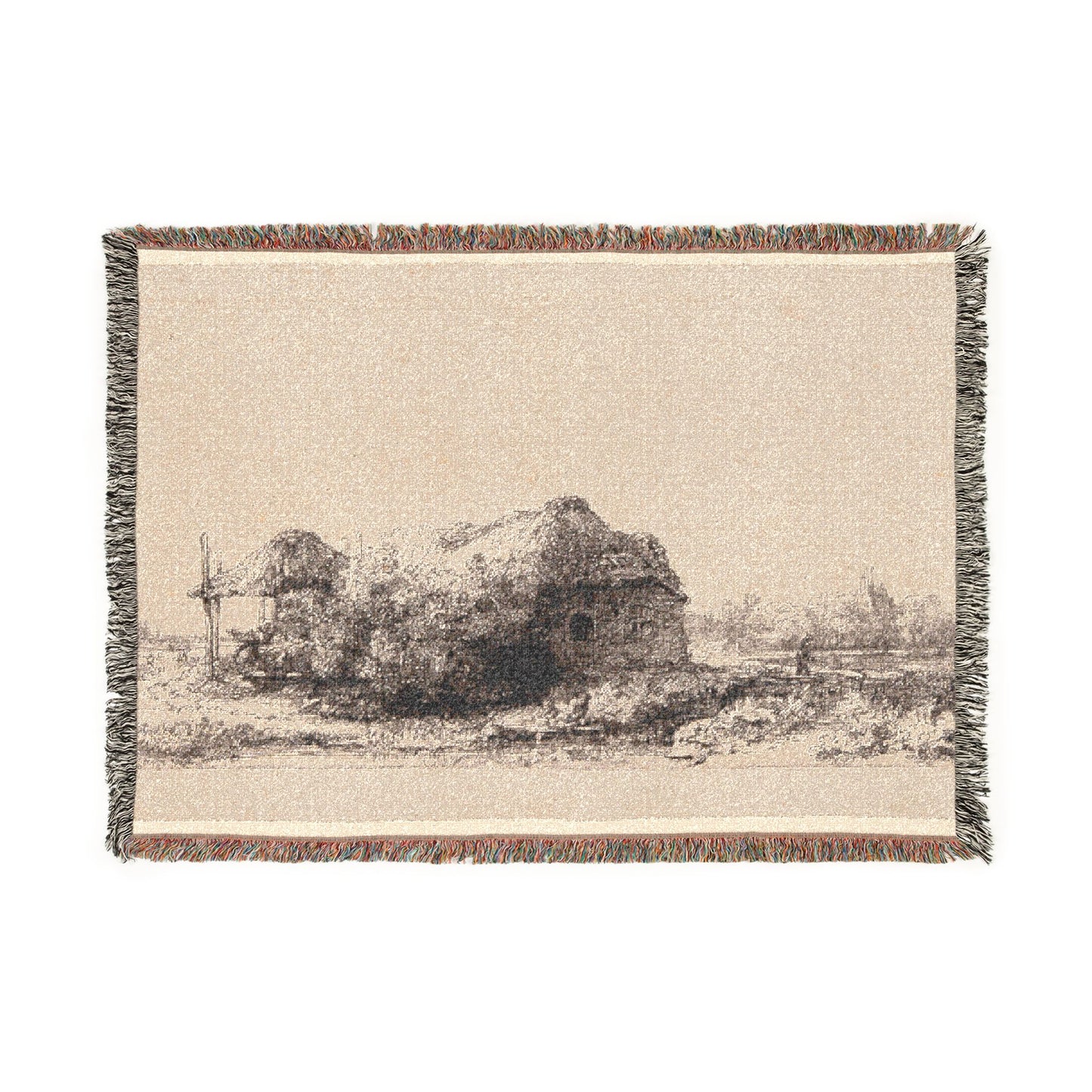 Rembrandt van Rijn - Landscape with Cottages and a Hay Barn Oblong | Woven Tapestry Blanket