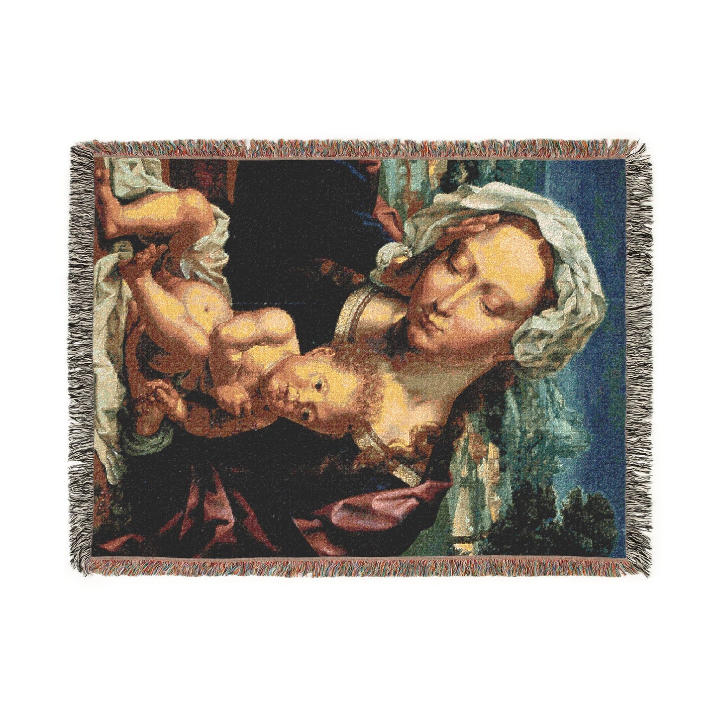 Virgin and Child in a Landscape Woven Throw Blanket