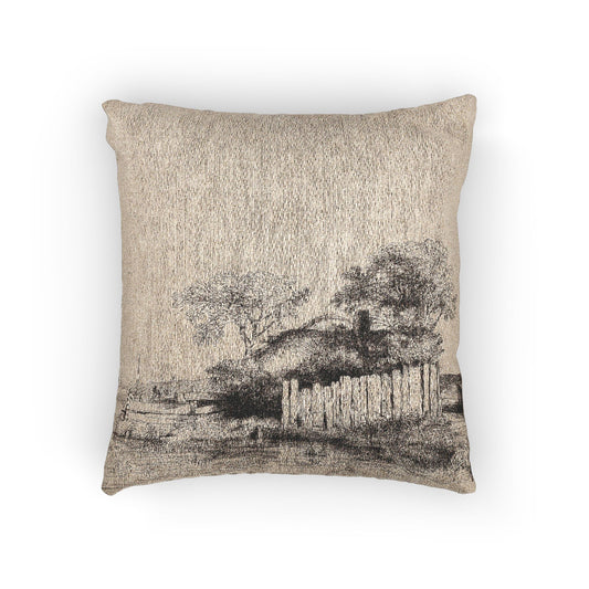 A Cottage with White Paling — Rembrandt van Rijn Woven Pillow