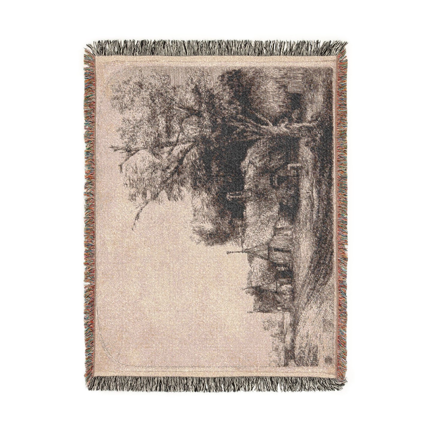 Rembrandt van Rijn - Landscape with Three Gabled Cottages Beside a Road | Woven Tapestry Blanket