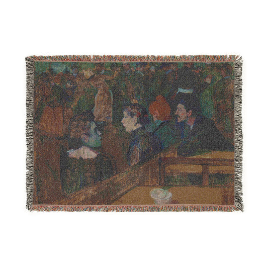 A woven throw blanket featuring a textured impressionist painting of figures seated at a table, finished with fringed edges on a white background.