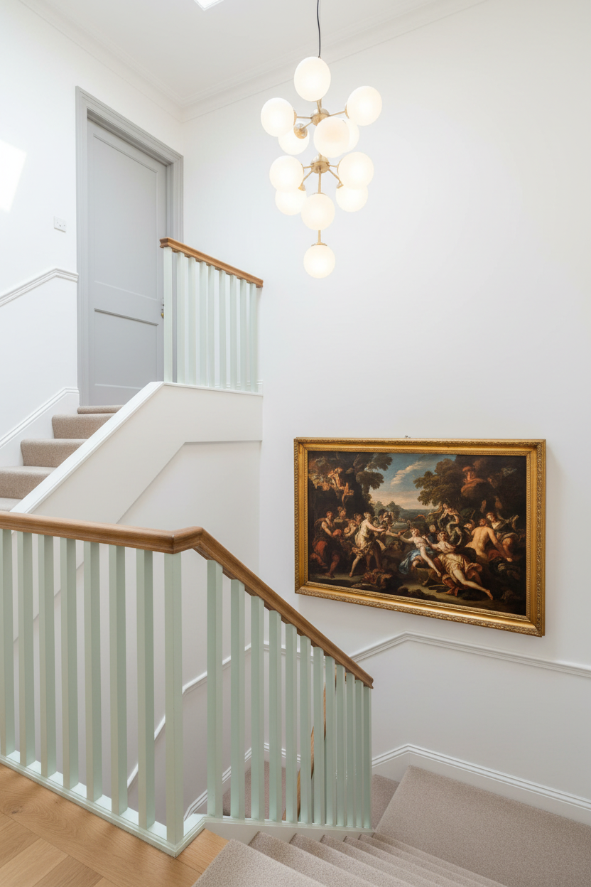 A grand staircase with a light green balustrade and wooden handrails, featuring a large framed classical painting on the white wall and a modern multi-globe chandelier hanging above.