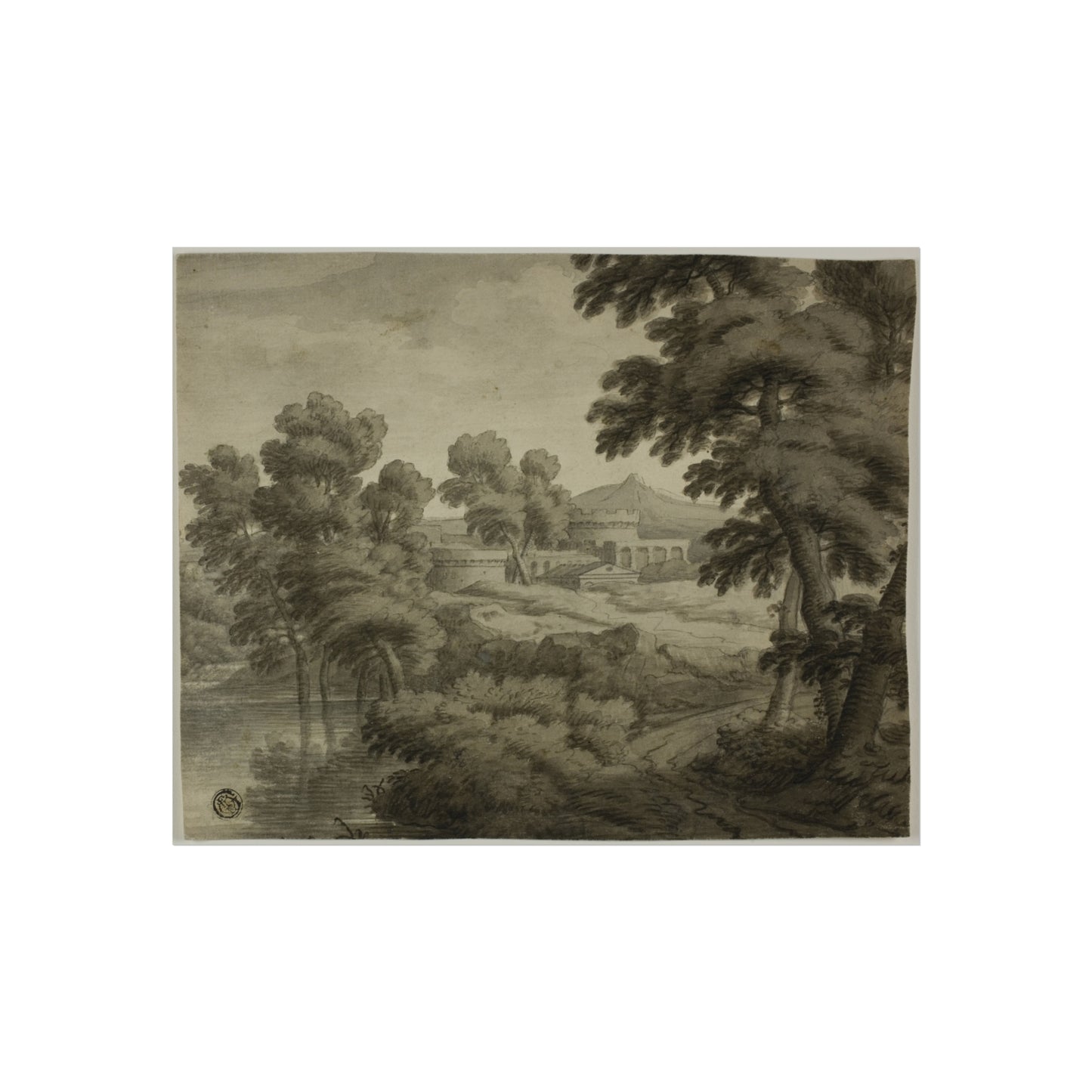 School of Nicolas Poussin - Italianate Landscape with Castle, Trees and Water in Foreground | Fine Art Poster