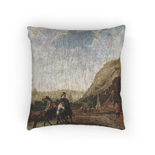 River Landscape with Horsemen — Aelbert Cuyp Woven Pillow