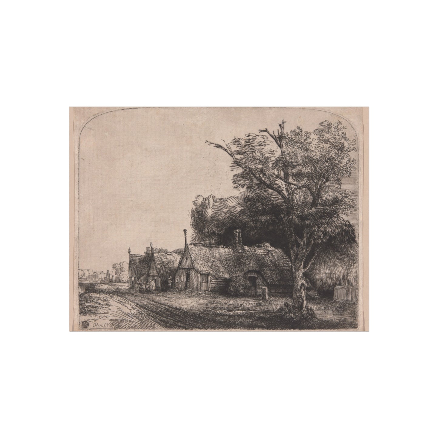 Rembrandt van Rijn - Landscape with Three Gabled Cottages Beside a Road | Fine Art Poster