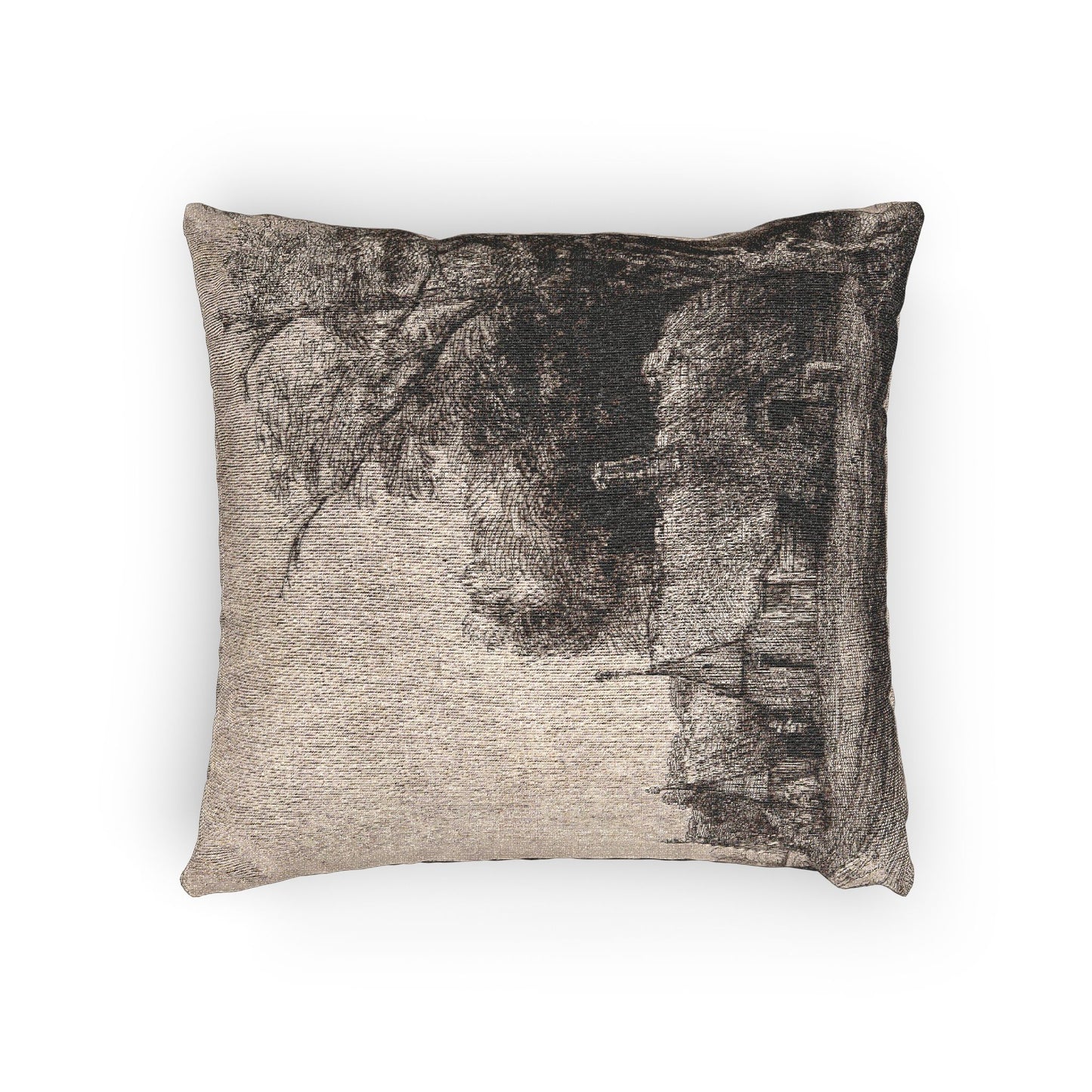 Rembrandt van Rijn - Landscape with Three Gabled Cottages Beside a Road | Woven Pillow