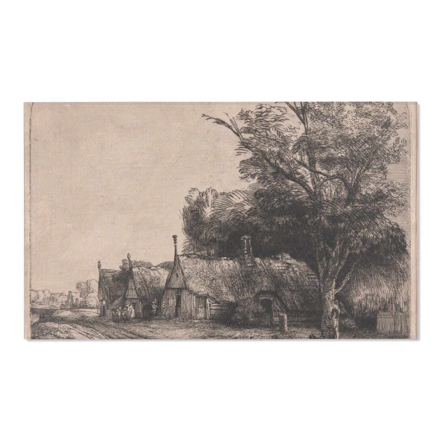 Rembrandt van Rijn - Landscape with Three Gabled Cottages Beside a Road | Area Rug