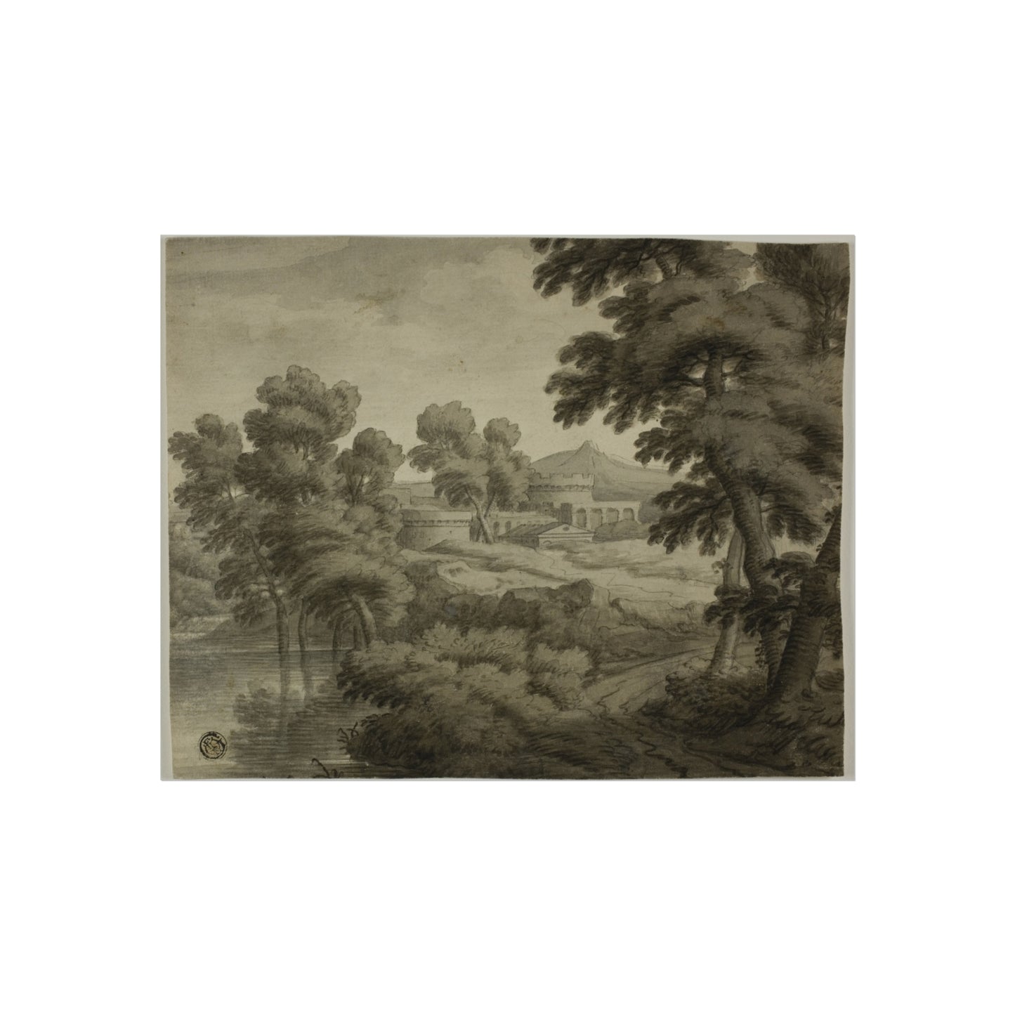School of Nicolas Poussin - Italianate Landscape with Castle, Trees and Water in Foreground | Fine Art Poster