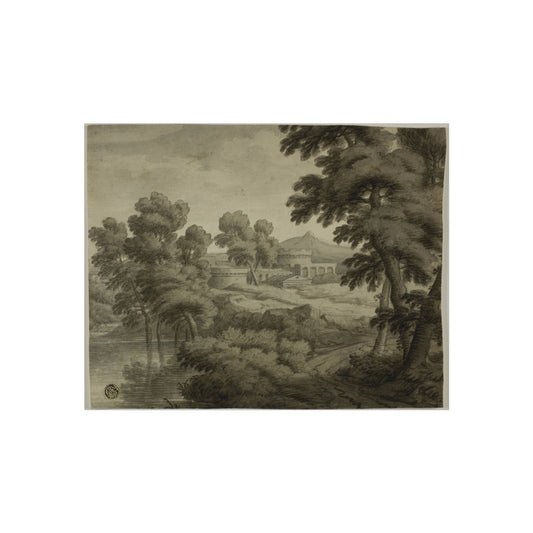 Italianate Landscape with Castle, Trees and Water in Foreground (school of Nicolas Poussin) Fine Art Poster