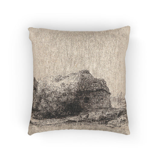 Landscape with Cottages and a Hay Barn — Rembrandt van Rijn Woven Pillow