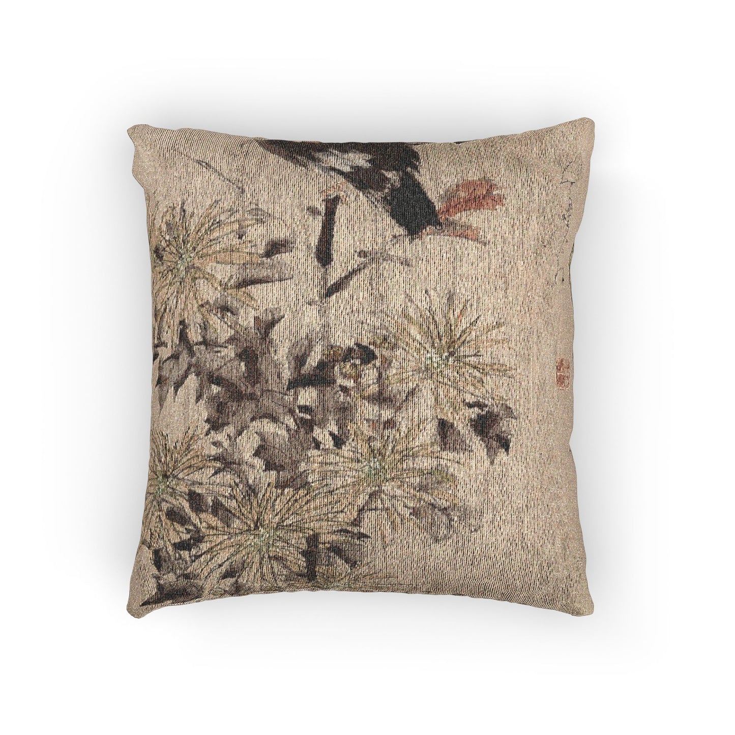 Crested Myna Birds and Chrysanthemums Woven Pillow
