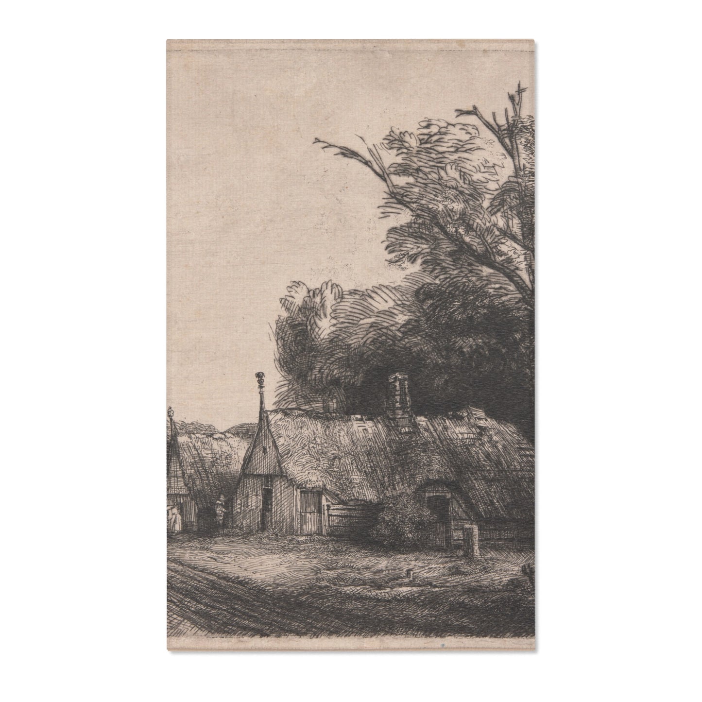 Rembrandt van Rijn - Landscape with Three Gabled Cottages Beside a Road | Area Rug