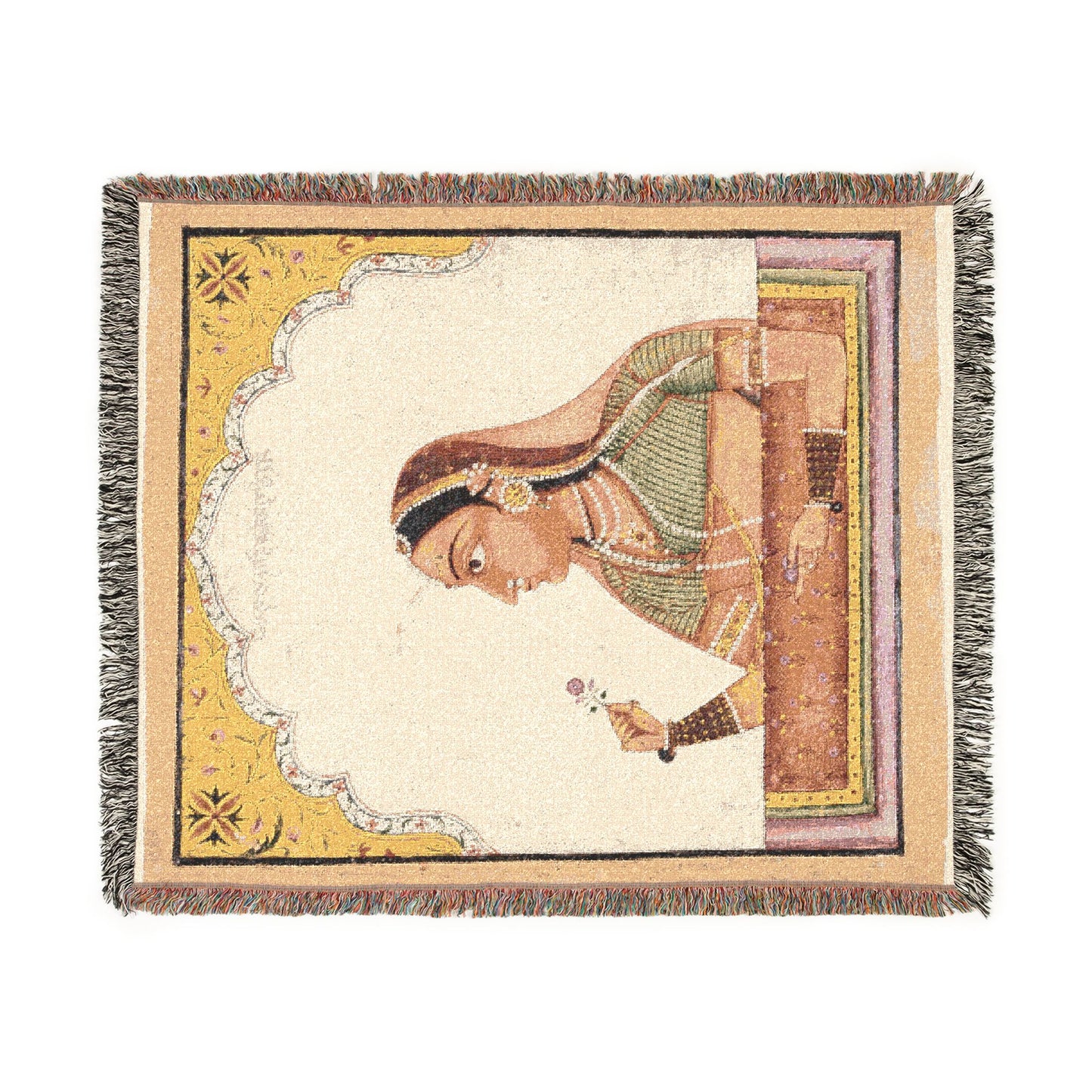 Noblewoman at a Jharokha Window Holding a Rose, from a Portraits of Women series Woven Throw Blanket