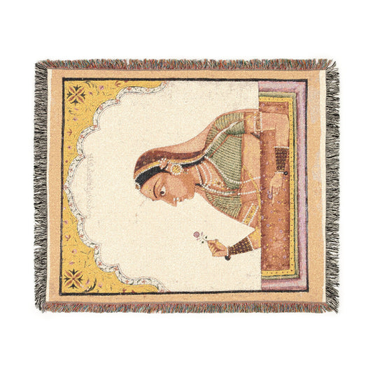Noblewoman at a Jharokha Window Holding a Rose, from a Portraits of Women series Woven Throw Blanket