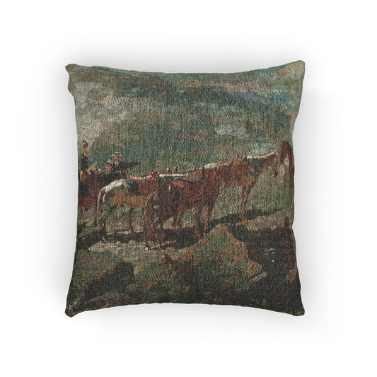 A square throw pillow featuring a vintage-style tapestry print of a horse scene in muted earthy tones of green, brown, and gray, shown against a plain white background.