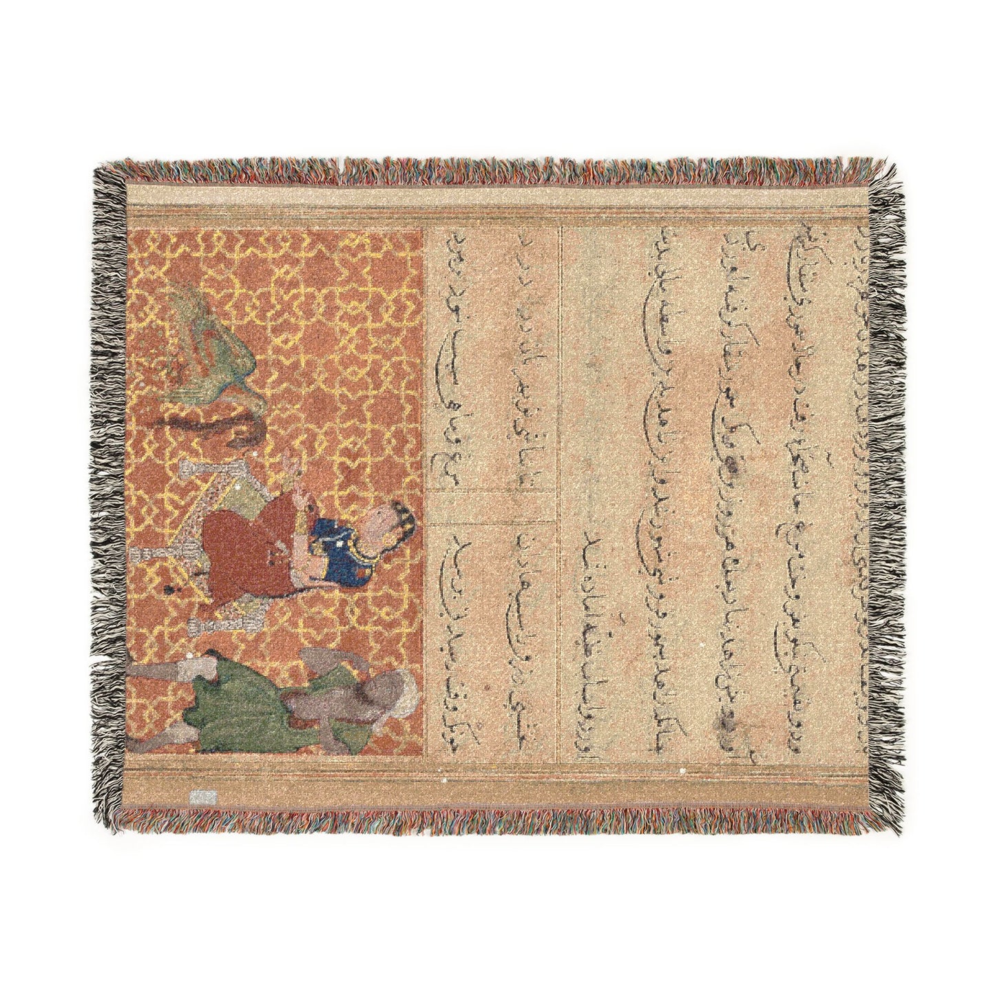 The bird of seven colors brings a sable to the pious man, from a Tuti-nama (Tales of a Parrot): Fifty-second Night Woven Throw Blanket