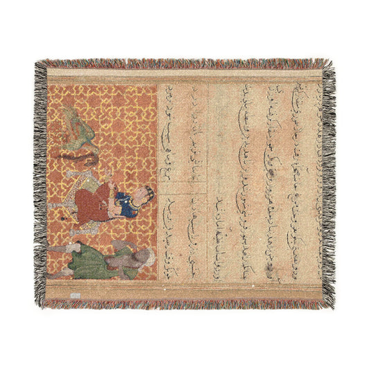 The bird of seven colors brings a sable to the pious man, from a Tuti-nama (Tales of a Parrot): Fifty-second Night Woven Throw Blanket