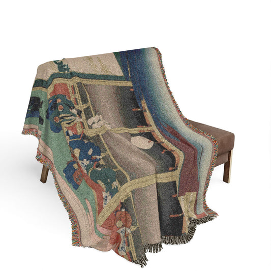 Poem by Emperor Sanjo, from the series One Hundred Poems by One Hundred Poets Explained by an Old Nurse Woven Throw Blanket