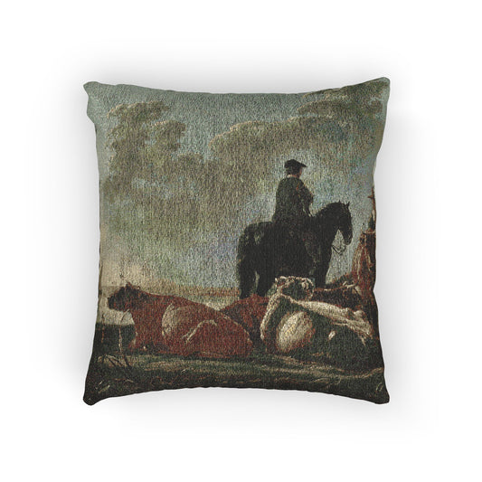 Peasants with Four Cows by the River Merwede — Aelbert Cuyp Woven Pillow