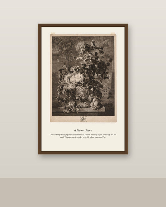 A Flower Piece antique botanical print shown framed on a wall in a styled room