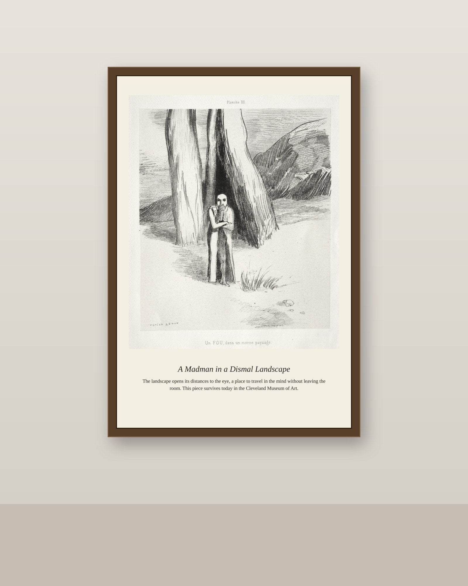 A Madman in a Dismal Landscape antique landscape print shown framed on a wall in a styled room