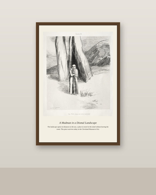 A Madman in a Dismal Landscape antique landscape print shown framed on a wall in a styled room