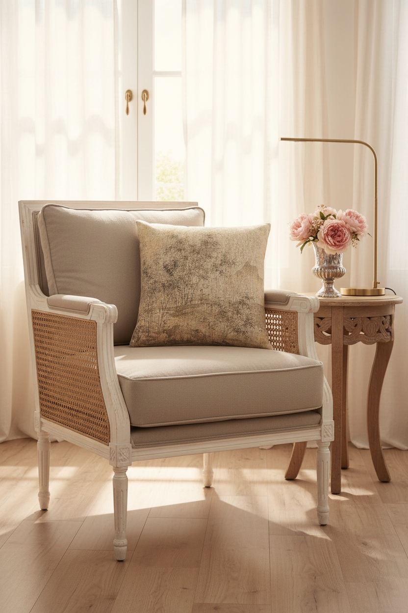 A brown leather armchair with a matching ottoman in a bright room, styled with a textured throw pillow, a floor lamp, and a side table with white flowers.