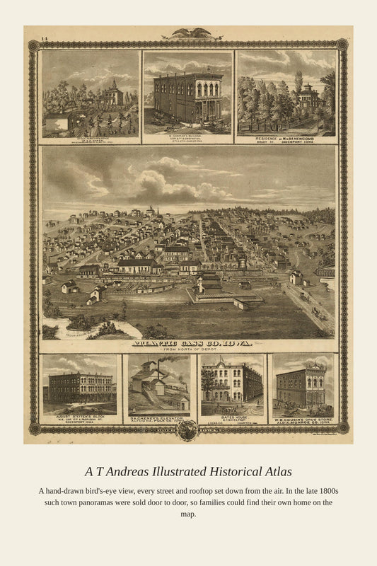 Antique atlas page with bird's-eye town view and vignettes of landmark buildings in sepia tones
