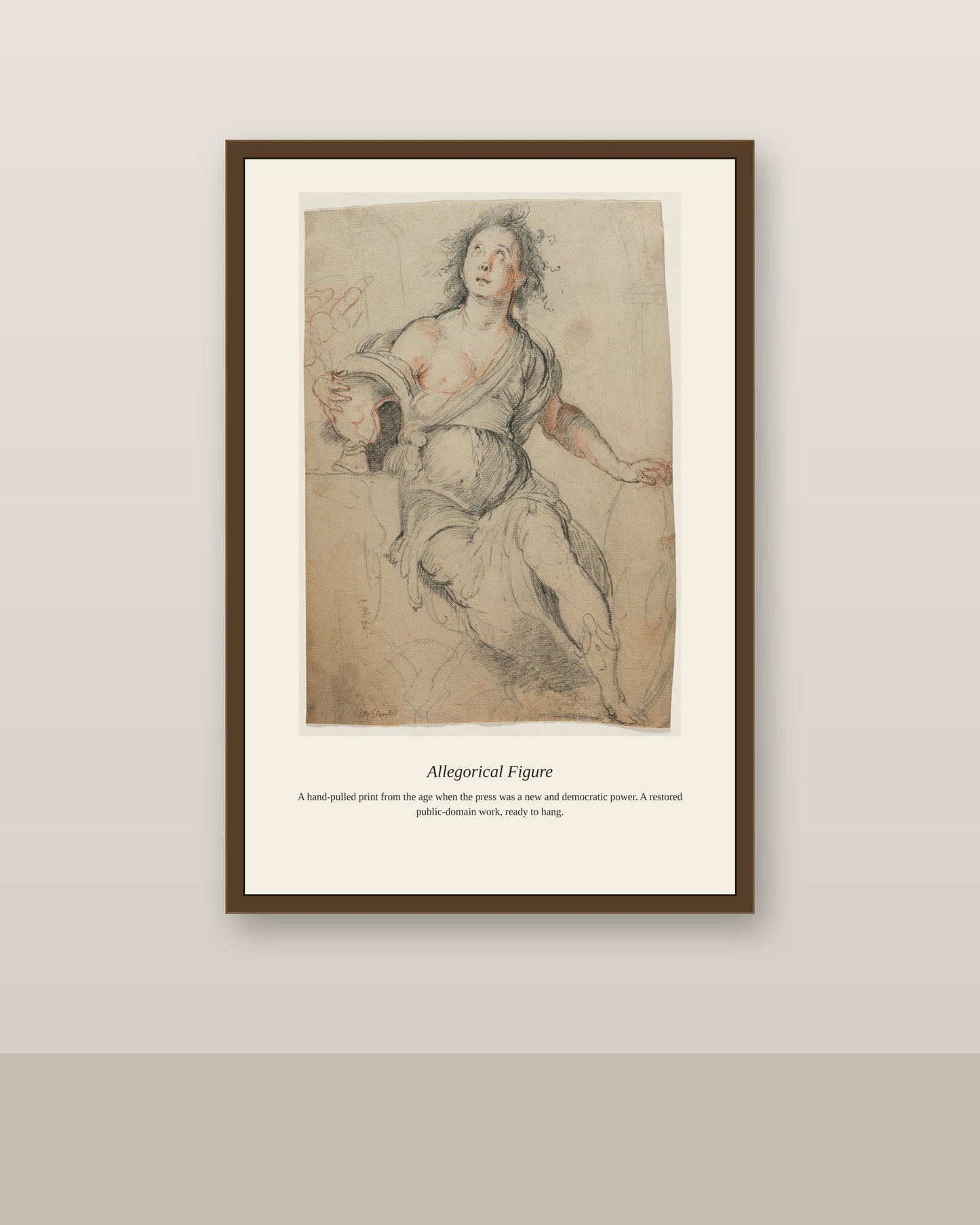 Allegorical Figure (2) antique art print shown framed on a wall in a styled room