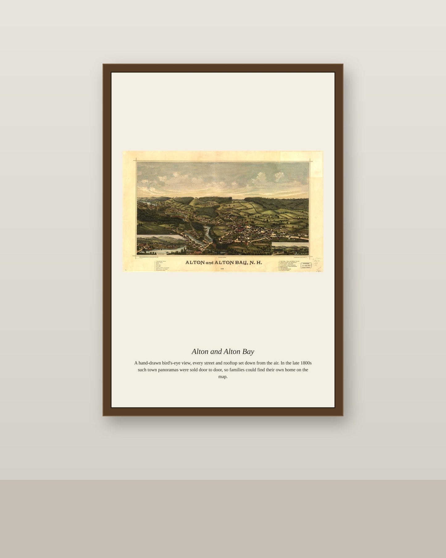 Alton and Alton Bay antique map print shown framed on a wall in a styled room